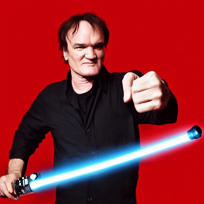 Prompt: quentin tarantino raising a lightsaber with his right hand, giving thumbs up with his left hand. without characters. red and black background. cinematic trailer format.