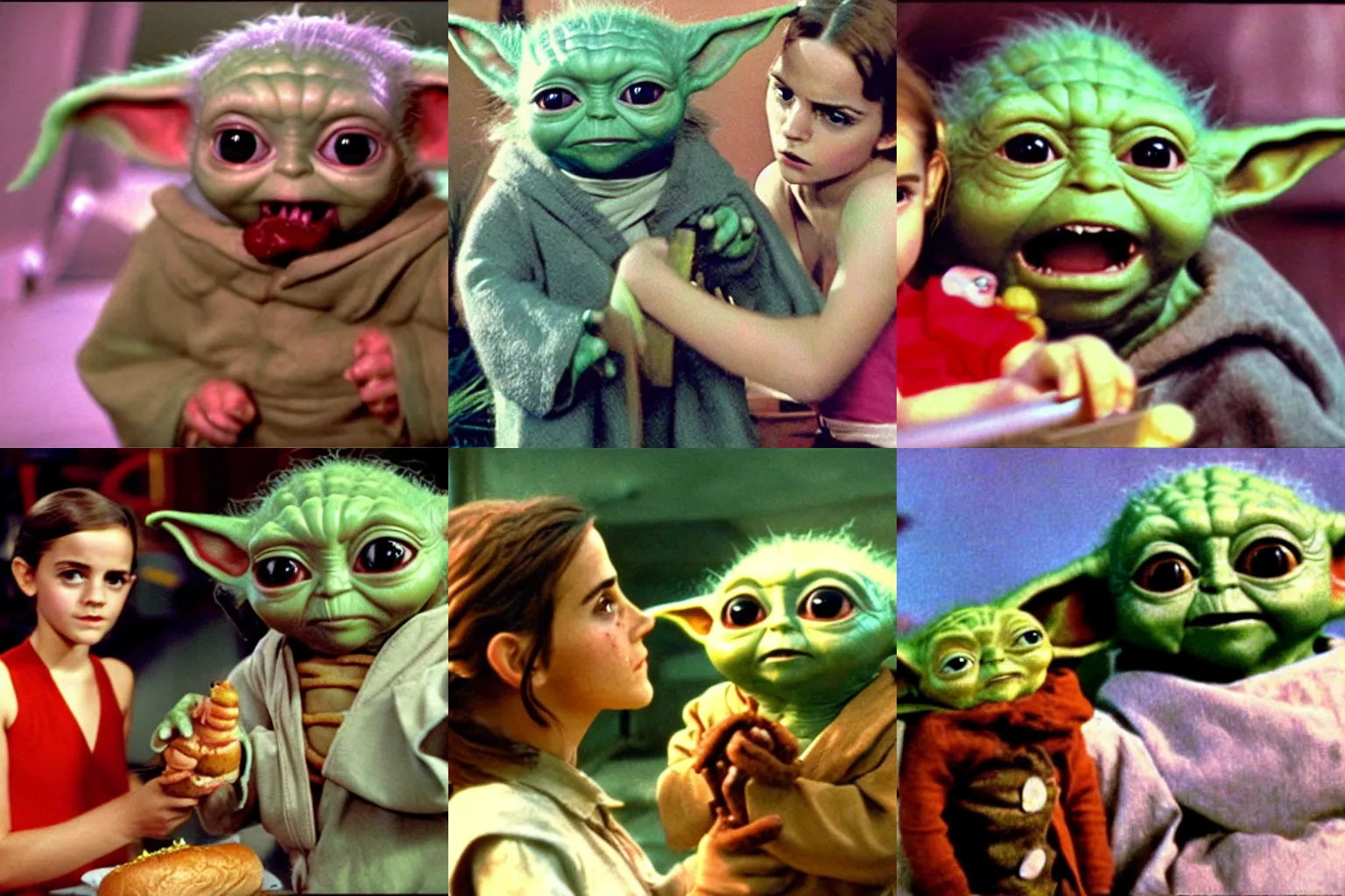 Prompt: color movie still of emma watson and baby yoda in'hot dog monster vs hamburger monster'by ray harryhausen