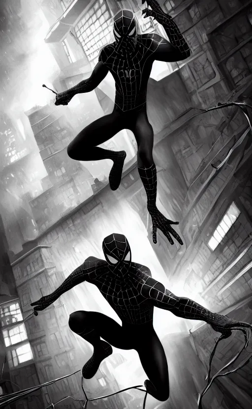 Image similar to spiderman noir, dynamic lighting, photorealistic fantasy concept art, trending on art station, stunning visuals, creative, cinematic, ultra detailed