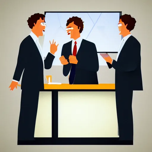 Prompt: hyperrealistic painting image where 3 happy businessmen appear in a business meeting