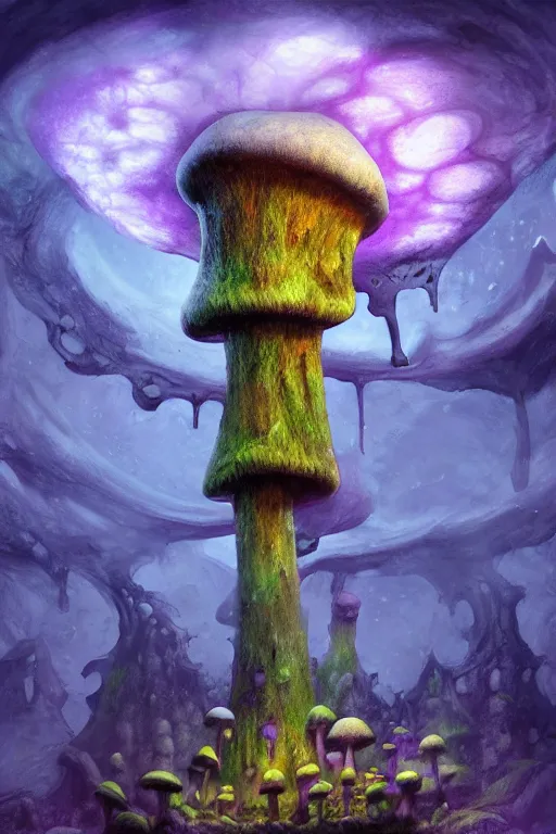 Prompt: Giant Mushroom Dripping Viscous Blobs of Purple Liquid from its Cap, Damp Dungeon, Underground, fantasy, digital illustration, realistic, trending on artstation, volumetric lighting, ultra detailed
