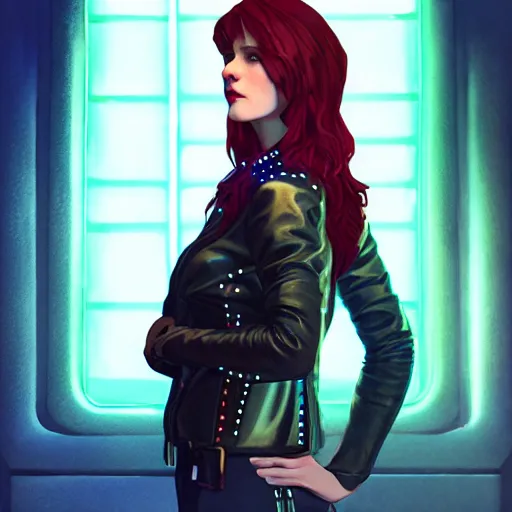 Prompt: pretty young woman with shoulder length shiny shimmering dark red hair and wearing futuristic studded leather jacket with the glow of neon lights illuminating her, path traced, highly detailed, high quality, digital painting, by cd projekt red, cyberpunk, leesha hannigan, makoto shinkai - h 7 0 4