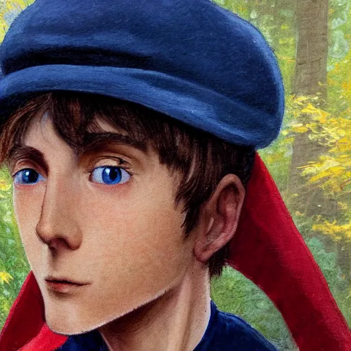 Image similar to super close up portrait of wirt from over the garden wall. a 1 6 years old gloomy awkward boy with big brown eyes and shaggy brown hair wearing a red dunce hat and a blue navy cape, standing in the forest, norman rockwell, bouguereau