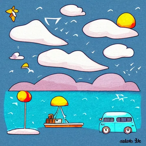 Image similar to beautiful cute cozy very little camper van by the water, sunset, puffy cute clouds, cute simple cartoon, vector, white background, watercolor, 4 colors!!!