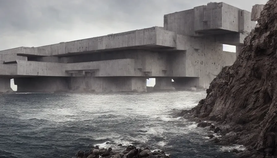 Prompt: big brutalist imperial military base on cliffs, drawing architecture, very long shot, top angle, imperial architecture in rogue one, pritzker architecture prize, brutalism architecture, jan urschel, roger deakins