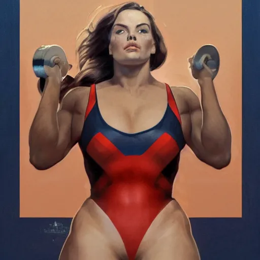 Prompt: socialist realism propaganda poster of margot robbie as beautiful female weightlifter from overwatch, portrait, profile picture, socialist realism, highly detailed, intricate, digital painting, artstation, sharp focus, illustration, art by jakub rozalski, greg rutkowski, artgerm, tan zi and ayanamikodon and alphonse mucha and wlop