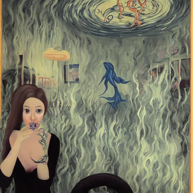 Image similar to tall female emo artist holding an octopus in a flooded cafe, octopus, water gushing from ceiling, painting of flood waters inside a cafe, a river flooding indoors, pomegranates, pigs, ikebana, water, octopus, river, rapids, waterfall, black swans, canoe, berries, acrylic on canvas, surrealist, by magritte and monet