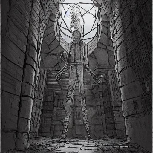 Image similar to the man inside the wall, explorer sketch, eldritch journalist, concept art, grand scale, intricate detailed