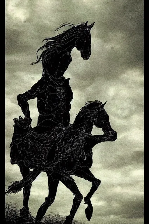 Image similar to irish mythical creature is a headless horseman that is known as a foreteller of death. rising a headless black horse, the dullahan carries his own head under one arm