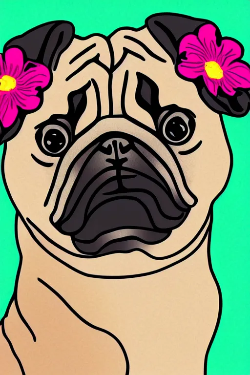 Image similar to portrait of a flower pug, art by milka oxana, sticker, colorful, illustration, highly detailed, simple, smooth and clean vector curves, no jagged lines, vector art, smooth