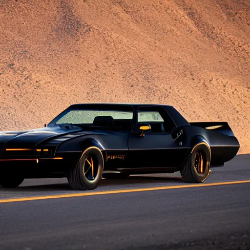 Prompt: kitt the incredible car black transam cruising the desert at magic hour, 8K