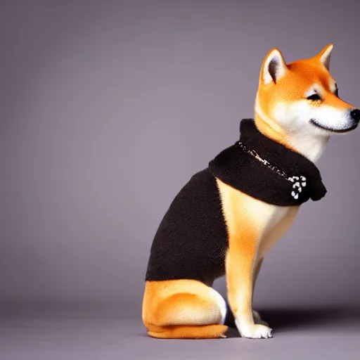 Prompt: professional photograph of a shiba inu wearing a fancy outfit, high quality, HD, 8K, highly detailed