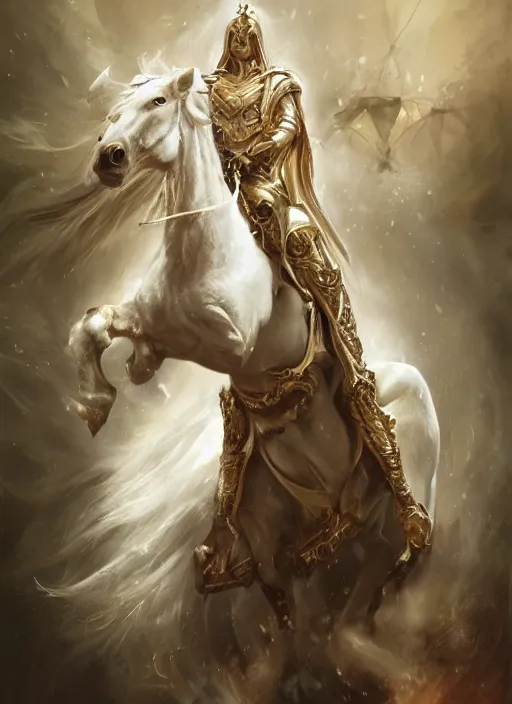 Prompt: concept art by artgerm, conquest of the four horsemen of the apocalypse, white rider riding a white horse, with the golden crown and white robe ， highly detailed dark art, digital painting, artstation, concept art, smooth, sharp focus, illustration, art by marco plouffe and olli hihnala and olli hihnala, symmetry