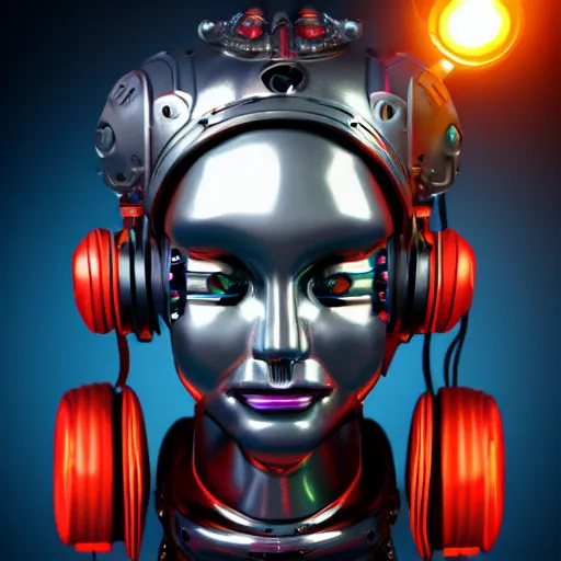 Prompt: a glossy claymodel of a steampunk aztec futurism robot head with glowing headphones, 8 k, symetrical, flourescent colors, halluzinogenic, multicolored, very detailed, black background, 3 d render,