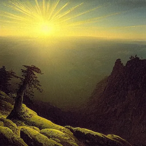 Image similar to a wanderer looking down from the peak of a mountain, distant valley, trees, sunset, dramatic light, oil painting, by caspar david friedrich