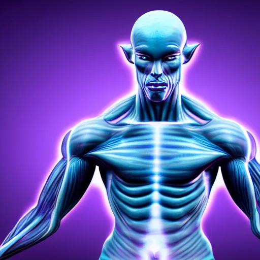 Image similar to muscular purple alien with glowing blue veins, realistic, detailed