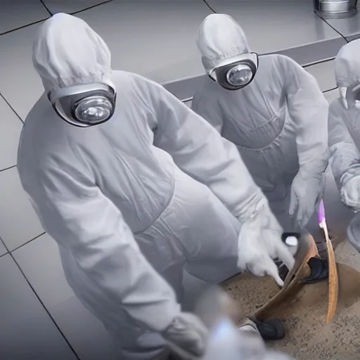 Prompt: hazmat team removes crusty stained stiff sock using tongs taking photos, photorealistic, unreal engine