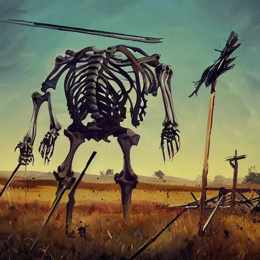 Image similar to a painting of a giant skeleton on a farm leaning against a barn with a spear through its rib cage, concept art by ismail inceoglu, trending on artstation, environmental art, apocalypse art, 2 d game art, concept art. detailed. masterpiece