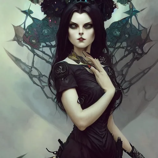 Prompt: a tall attractive goth girl, cute, intricate, highly detailed, digital painting, artstation, concept art, smooth, sharp focus, illustration, unreal engine 5, 8 k, art by artgerm and greg rutkowski and alphonse mucha
