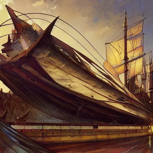 Prompt: Wooden ship in a magical force field hovering in a dry dock, art by Artgerm and Greg Rutkowski and Alphonse Mucha