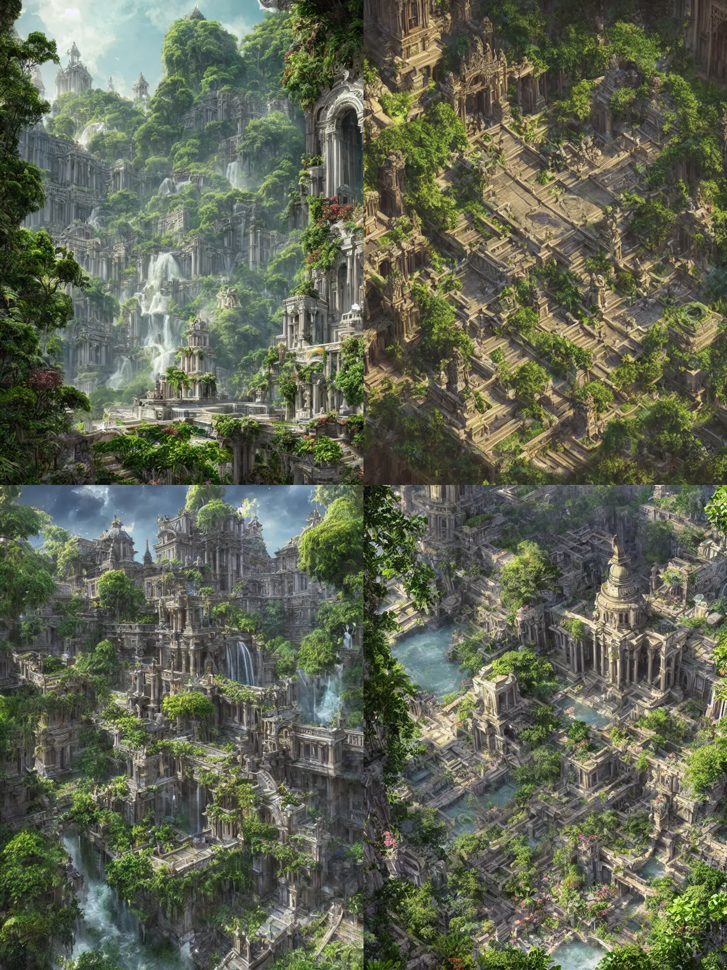 Prompt: a beautiful temple in heaven, with walkways, canals, stairs and arches, lush vegetation, flowers and waterfalls, fantasy, Eddie mendoza, Sci-Fi, Leon Tukker, detailed classical architecture, photorealistic, Low angle, cinematic lighting, Maya render, raytracing