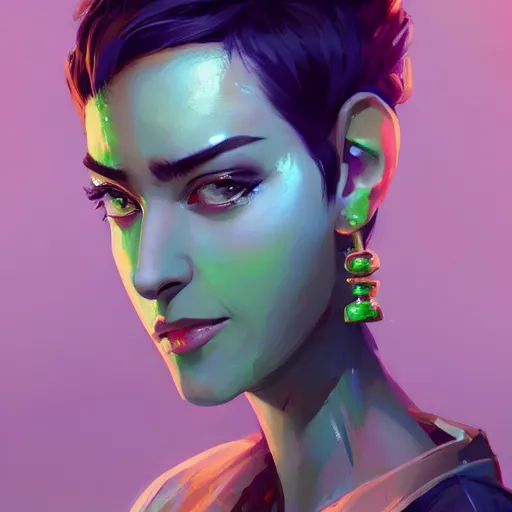 Prompt: beautiful woman with short green hair, portrait, maya ali mage, gloomhaven, dynamic lighting, gaudy colors, octane render aesthetic, matte painting concept art, official fanart behance hd artstation by jesper ejsing, by rhads and makoto shinkai and lois van baarle and ilya kuvshinov and rossdraws