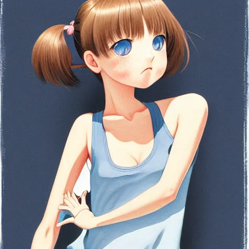 Prompt: richly detailed color  illustration of a dainty pretty young woman wearing a tank top, 'My pet dachshund' is the theme, very soft shadowing, smooth textures, large scale image. art by Range Murata.