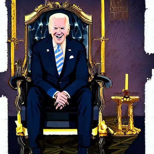 Image similar to joe biden sitting on a throne in a dark evil room with a cloak obscuring his eyes, evil grin, horror, terrifying artwork