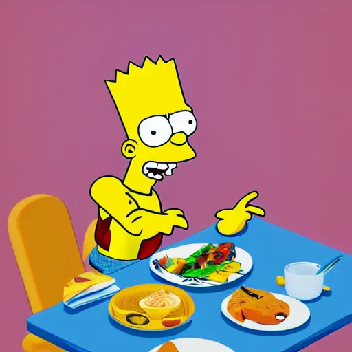 Prompt: Bart Simpson as a real boy surfing the imaginary wave on the kitchen table at breakfast, digital art, by ROSS tran, 4k