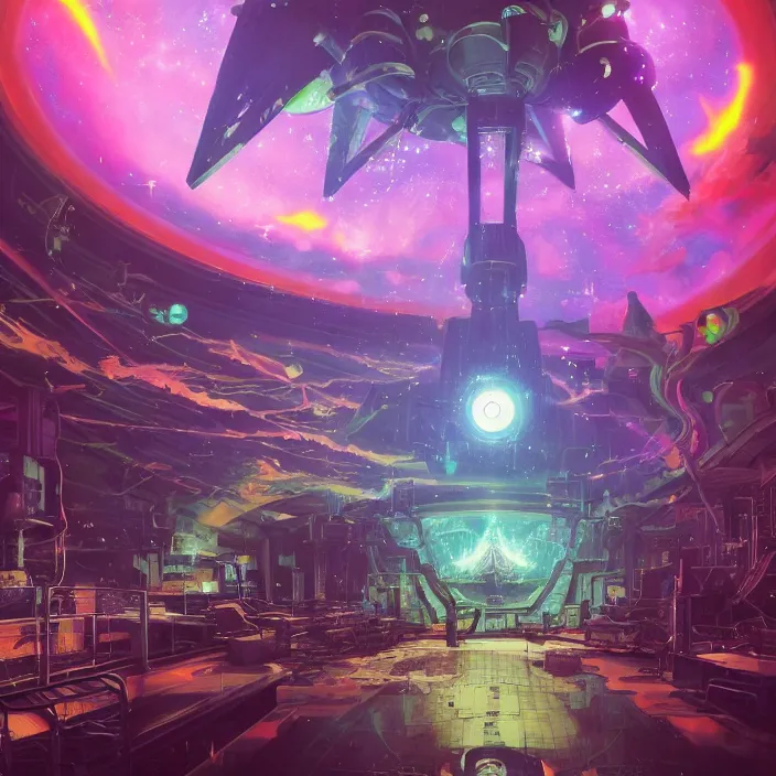 Image similar to Albedo from overlord, mamimi samejima, psychedelic background, epcot, inside a space station, eye of providence, female anime character, Lain, uwu, uwu, Luminism, Tomas Sanchez, surrealism, Simon Stålenhag, Ruan Jia, uwu Hi-Fructose, Artstation, HD, HDR, High Resolution, technological rings, giygas