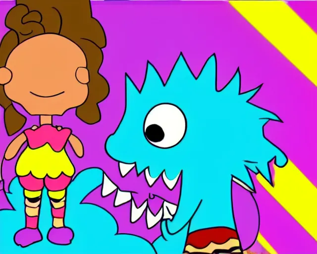 Image similar to Klasky-Csupo style cartoon about a young girl and her pet monster in a candyland. TV screenshot HD remaster