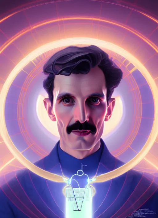 Image similar to symmetry!! portrait of nikola tesla male, chemisty, sci - fi, glowing lights!! intricate, elegant, highly detailed, digital painting, artstation, concept art, smooth, sharp focus, illustration, art by artgerm and greg rutkowski and alphonse mucha, 8 k