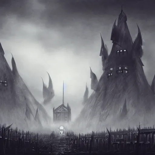 Prompt: first-person view at the level of human eyes, a wooden castle with towers and gates in the woods, round Viking shields hanging on the walls, black flags on the towers, warhammer 40k,medium details, blurry, 8k, ArtStation, dark fantasy art, fog, rain, by Lucas Staniec