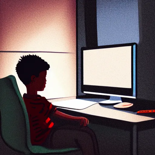 Prompt: illustration of a boy using his computer late night, low lights, dynamic lighting, strong shades, 4k