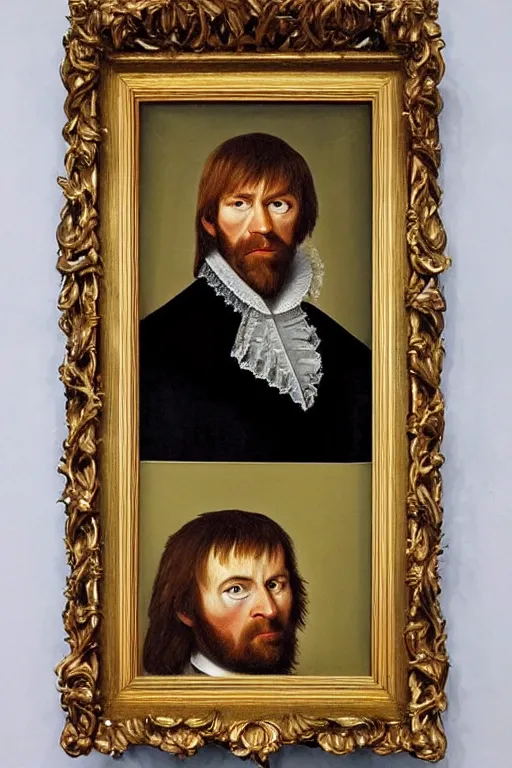 Image similar to a 1 6 0 0 s framed portrait painting of chuck norris holding a skull, intricate, elegant, highly detailed