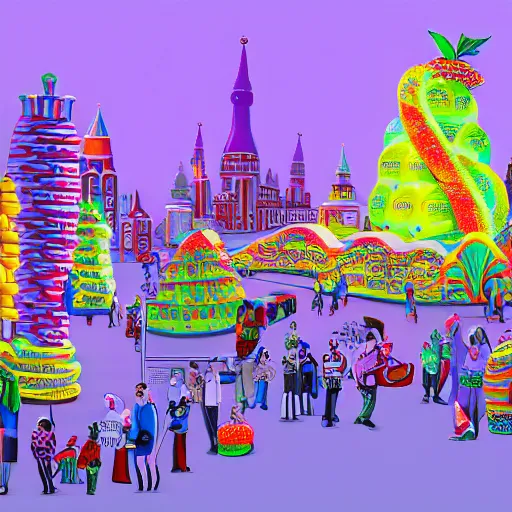 Image similar to The kinetic sculpture depicts a city made entirely out of kulich, a traditional Russian Easter bread. The city is bustling with activity, as people go about their day-to-day lives. The illustration is playful and whimsical, with a touch of magic. studio lighting, neon purple by Cindy Sherman chaotic