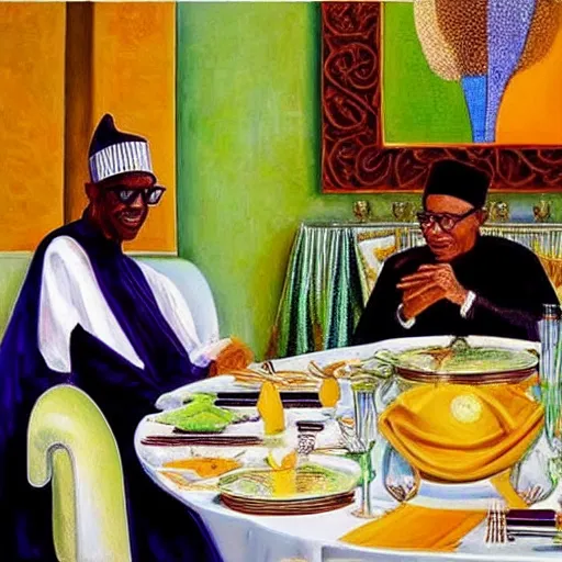 Image similar to president buhari eating at a regal buffet ultra detailed beautiful setting elegant event nigerian party minimalist gold ornaments iridescent lighting glamour in the style of edward hooper and henri matisse yinka shonibare oil painting