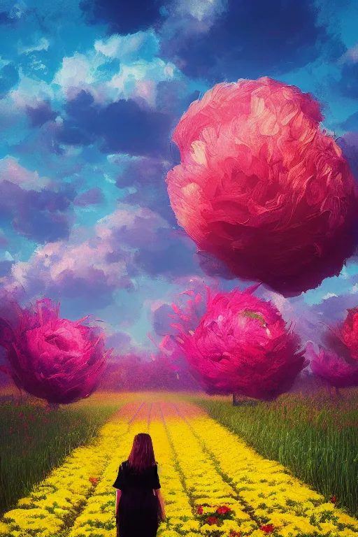 Prompt: giant flower head, girl walking in a flower field, surreal photography, sunrise, dramatic light, impressionist painting, colorful clouds, digital painting, artstation, simon stalenhag