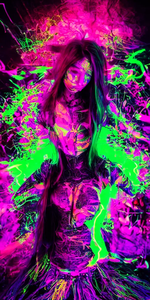 Image similar to impossibly beautiful witch hypnotizing her enemies with dark magic, intricate complexity, psychedelic glitch art, neon paint drip, inverted color scheme, trending on art station, photoreal, 8 k, octane render