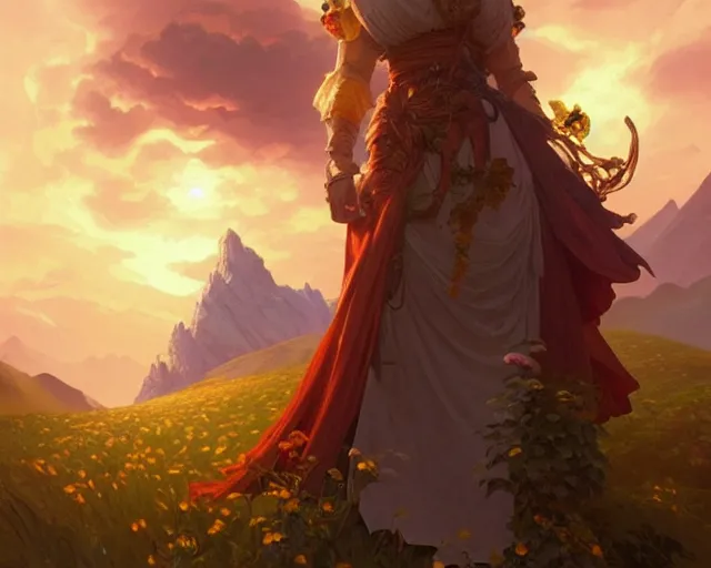Prompt: A flower is the sun and it is setting behind a mountain landscape , D&D, fantasy, intricate, elegant, highly detailed, digital painting, artstation, concept art, matte, sharp focus, illustration, hearthstone, art by Artgerm and Greg Rutkowski and Alphonse Mucha