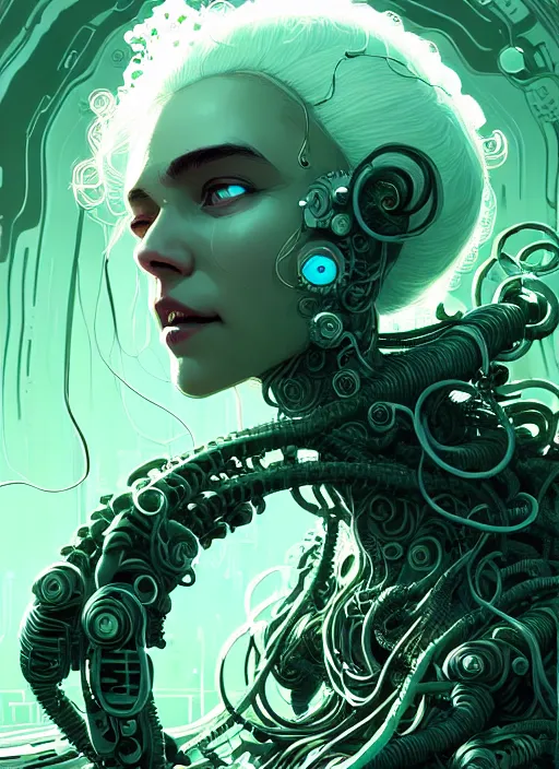 Image similar to highly detailed portrait of a biopunk long curly white hair tribal lady, stray wiring by atey ghailan, james gilleard, by joe fenton, by greg rutkowski, by greg tocchini, by kaethe butcher, 4 k resolution, gradient green, black and white color scheme!!! ( ( irradiated robotic rocky tornado landscape background ) )