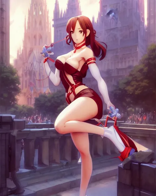 Prompt: pinup photo of asuna in the crowded square of the city, asuna by a - 1 pictures, by by greg rutkowski, artgerm, gil elvgren, enoch bolles, glossy skin, pearlescent, anime, very coherent, sao style