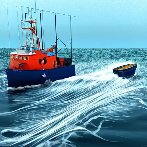 Prompt: uk fishing trawler, fishing boat, hyper realistic, very accurate, stormy seas, aerial view, towing trawl nets