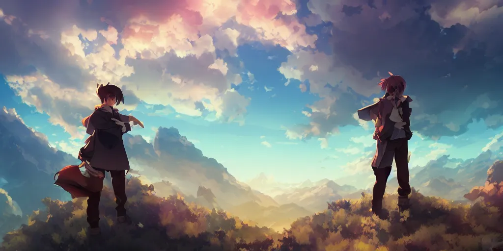 Image similar to isekai masterpiece anime man standing tree log looking up at colossal cyan crystals, high noon, cinematic, very warm colors, intense shadows, ominous clouds, anime illustration, anime screenshot composite background by mandy jurgens