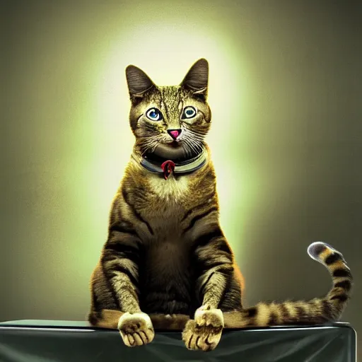 Prompt: anthropomorphic cat interventional radiologist, hospital, cinematic, hdr, backlight, in a symbolic and meaningful style, by albert bierstadt