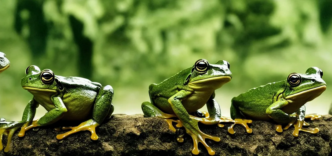 Image similar to frogs as the main characters in the 2 0 0 1 lord of the rings, cinematic still, action shot, 8 k hdr