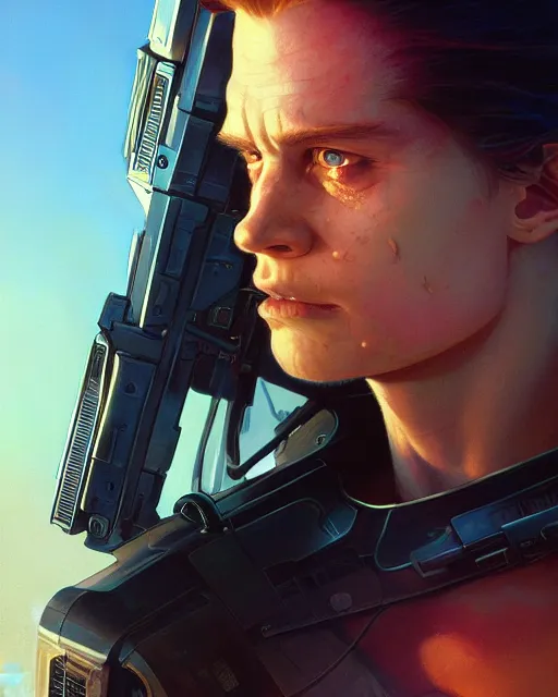 Image similar to highly detailed vfx portrait of terminator, stephen bliss, unreal engine, greg rutkowski, loish, rhads, beeple, makoto shinkai and lois van baarle, ilya kuvshinov, rossdraws, tom bagshaw, alphonse mucha, global illumination, detailed and intricate environment