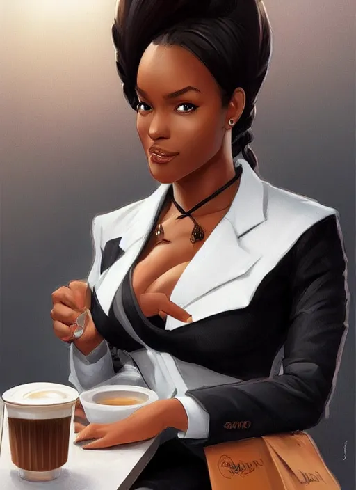 Image similar to detailed digital painting of beautiful black woman in corporate attire cell phone and steaming coffee mug, fanart behance trending on artstation, concept art, matte, sharp focus, illustration, corner office background, hearthstone, art by artgerm and greg rutkowski and alphonse mucha