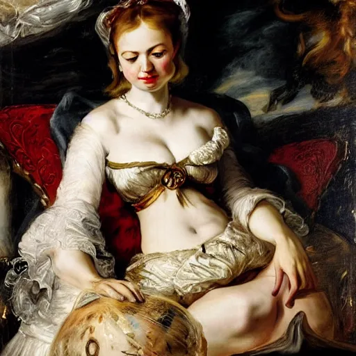 Image similar to heavenly summer sharp land sphere scallop well dressed lady watching netflix on a tv, auslese, by peter paul rubens and eugene delacroix and karol bak, hyperrealism, digital illustration, fauvist, watching netflix on a tv