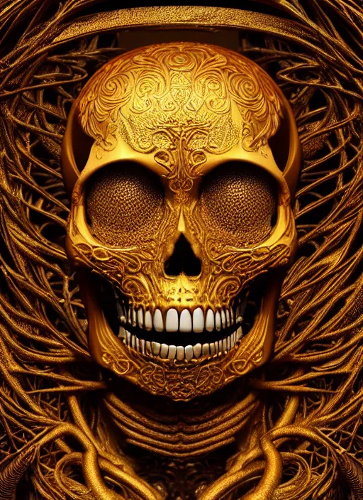 Prompt: a highly detailed photographic render of chthonic intricately carved golden sugar skull, intricate golden ornament, gilding, horror, dark fantasy, beautifully lit, ray traced, octane 3D render in the style of Gerald Brom and James Gurney Ayami Kojima, Beksinski, Giger